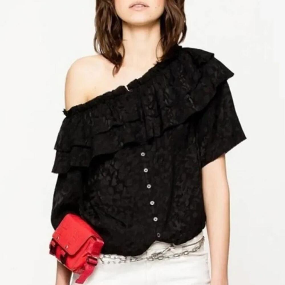 Zadig & Voltaire Black Tease Jac Leo Silk Off Shoulder Top Size M